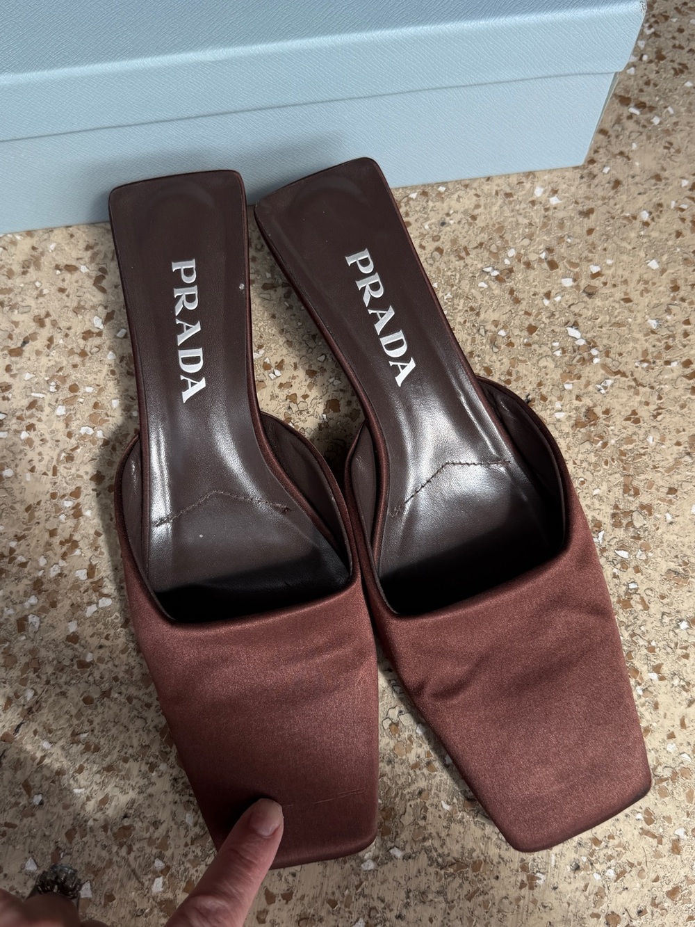 Prada Brown Satin Square-Toe Mules